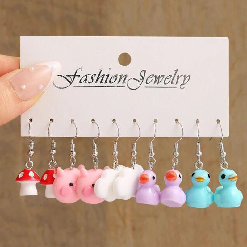 Women Imitation Multicolor Acrylic Cute Funny Cartoon Dopamine Hearts-Duck-Butterfly-Star-Pig Drop Tin Alloy Metal Earrings Sets/Colors-Multicolor/Dots/Animals