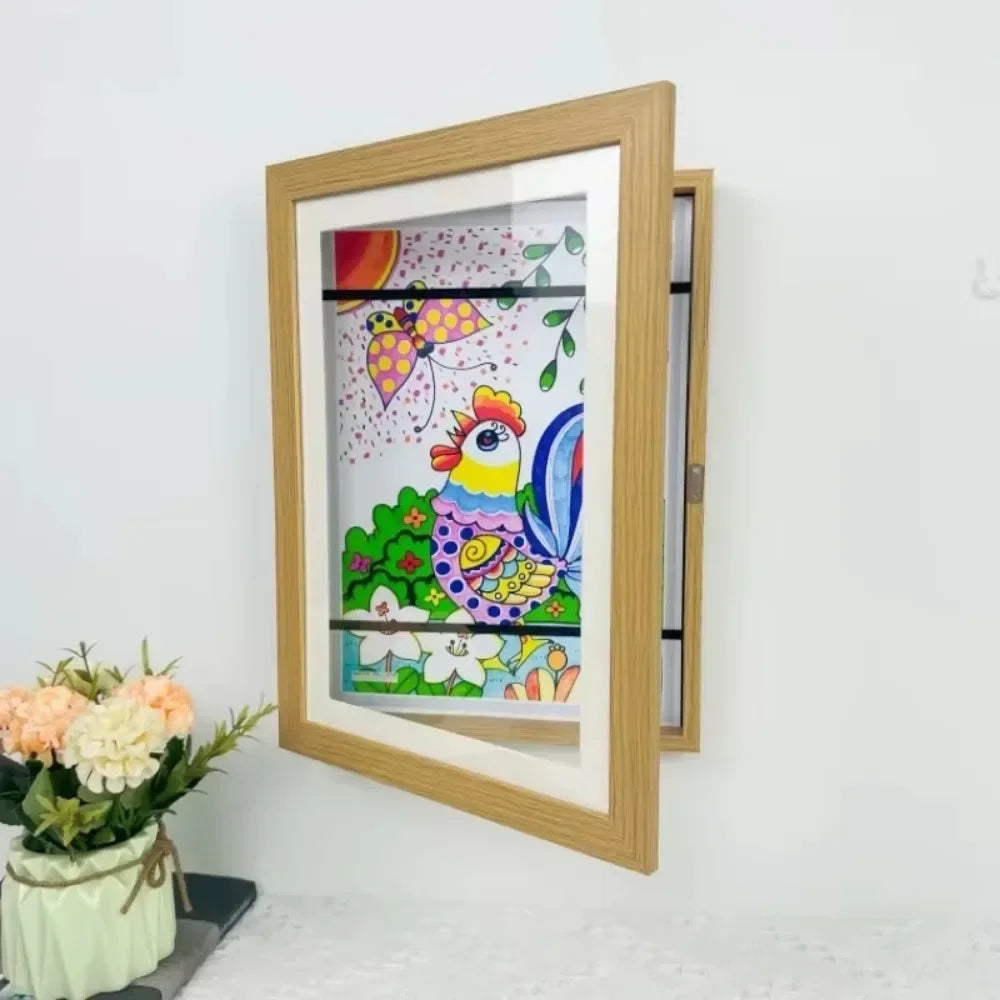 Kids Rectangle Wood Trim Acrylic Cover Artwork Display Magnetic Closure Picture Frames/Elastic Band/Colors-White/Black/Brown/Green/Pink