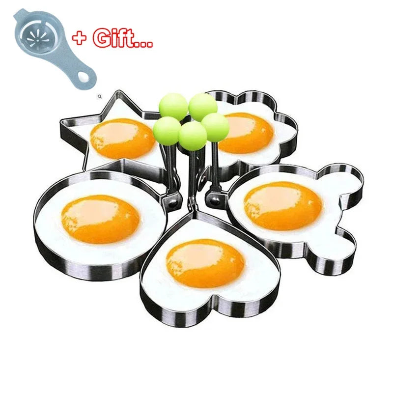Kitchen 5 PCS Set Silver Stainless Steel Round-Heart-Flower-Five-Pointed Star-Mouse Shaped Egg Mold Inward Handle Round Light Green Ball Rings
