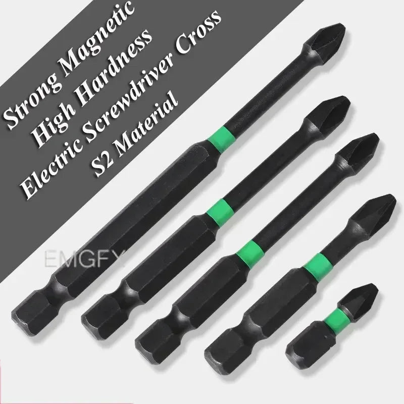 EMGFX 5 PCS Set Mechanic Design Impact Resistant Phosphating Black-Green Coating Alloy Steel Phillips Screw Head Low Magnetic Screwdriver BITS For Drills