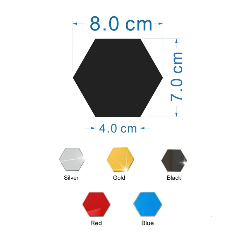 12/24Pcs 3D Hexagon Self Adhesive Removable Acrylic Wall Mirror Stickers/Colors-Silver/Red/Blue
