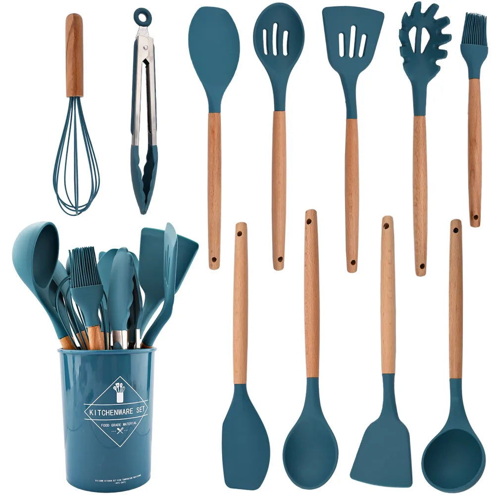 12 PCS Non-Slip Heat Resistant Silicone-Wood Handle Kitchen Utensils Cooking Sets/Colors-Blue/Green/White/Black/Storage Box Included