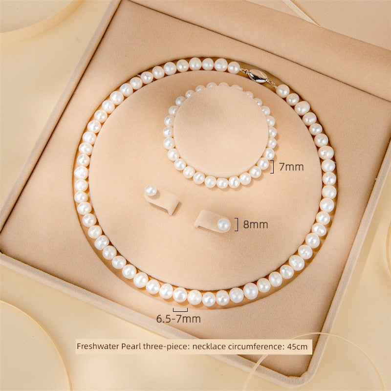 Adult Women Sterling Silver White Pearl Necklace-2 Hanging White Pearl Earrings Fine Imitation Jewelry Sets/Colors-White/Silver