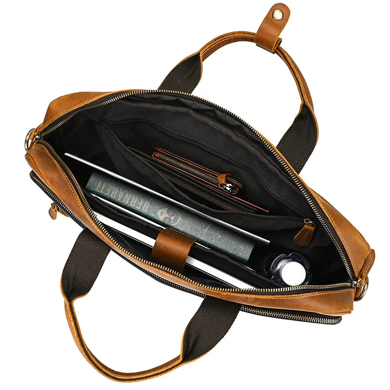 Men Real Cow Leather Briefcase Laptop Bags/ Fits 15.6 Inch Laptop/Handle-Shoulder Strap/Laptop Compartment/External Pockets/Colors-Black/Brown