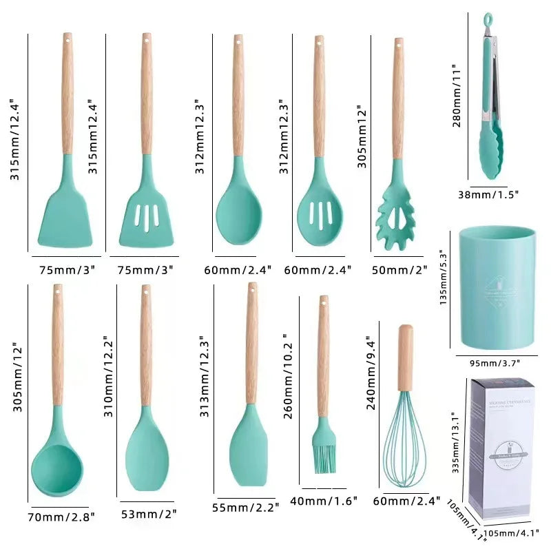 Kitchen 12 PCS Set Heat Resistant Non-Stick Silicone Tips Wood Handles Cooking Utensils-Storage Bucket/Colors-Colors-Green/Red/White/Gray/Pink/Black/Multicolor