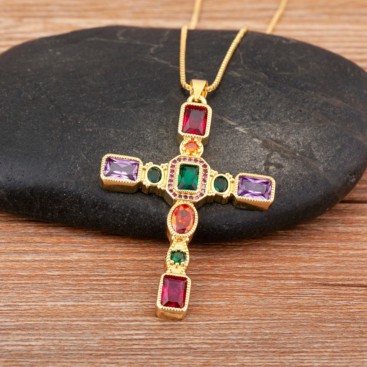 NIDIN Adults Fine Imitation Religious Christian CROSS AAA Large Size Cubic Zirconia Geometric Multicolor-Shiny Clear White Diamond-Like Accents Stones Copper-Gold-Plated Metal Pendant Chain Link Necklaces/Colors-