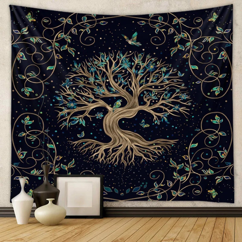 Decorative Polyester-Cotton Black Background-White Printed Nature Tree of Life Design Wall Tapestries/Colors-Black/Orange/Navy Blue/White/Yellow/Multicolor
