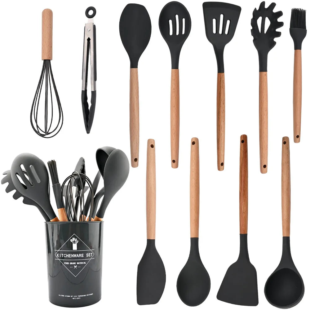 12 PCS Non-Slip Heat Resistant Silicone-Wood Handle Kitchen Utensils Cooking Sets/Colors-Blue/Green/White/Black/Storage Box Included