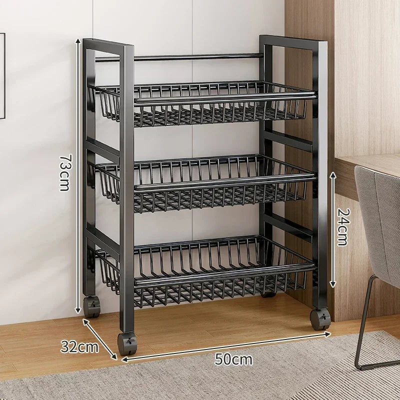 Kitchen Black-Brown Color Adjustable Height Pine Wood-Metal Storage Rack Movable Carts/360° Rotating Wheels