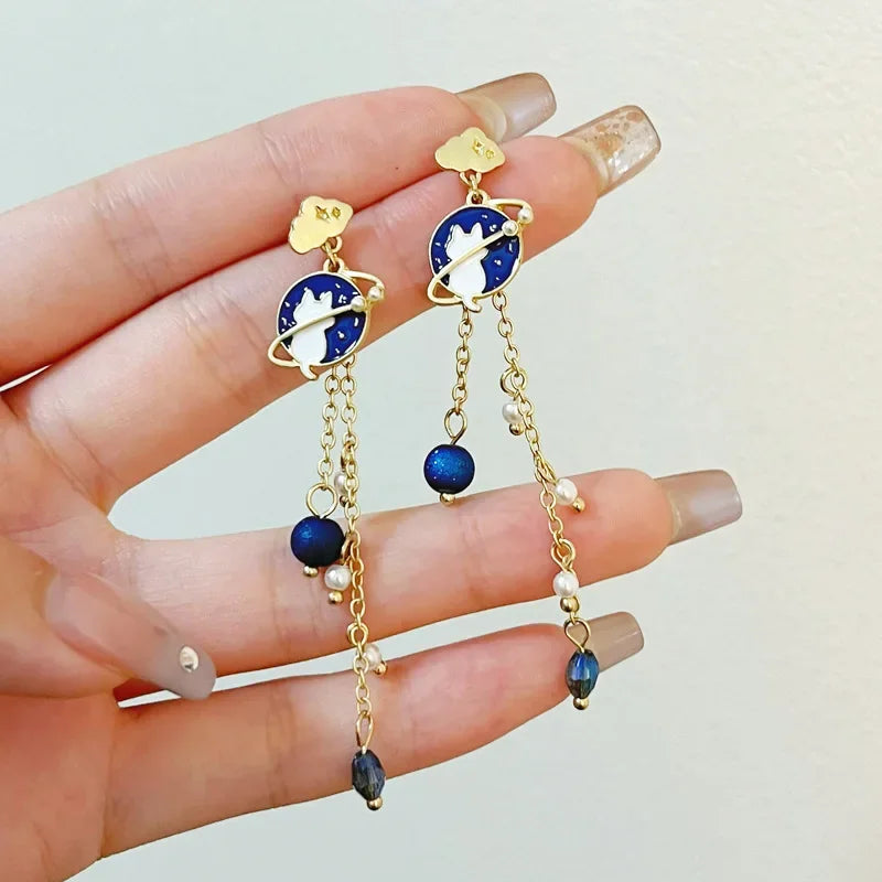 Women-Teen Girls Metal Long Tassel Asymmetrical Enamel Needle Cute Cartoon Cats Coffee-Teacup Dangle Drop Fine Imitation Earrings/Colors-Green/Multicolor/Geometric/Animals
