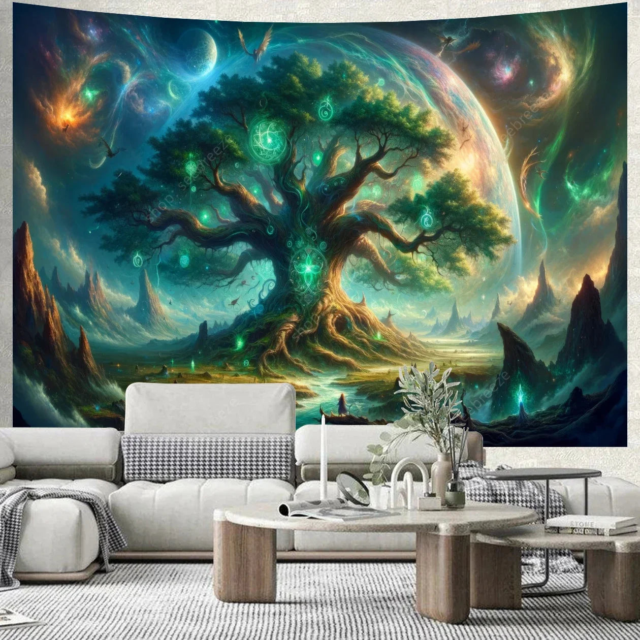 Colorful Green Forest Red Mushrooms Water Flowing Printed Polyester Woven Garden Of Eden Nature Tree Of Life Wall Hanging Tapestries