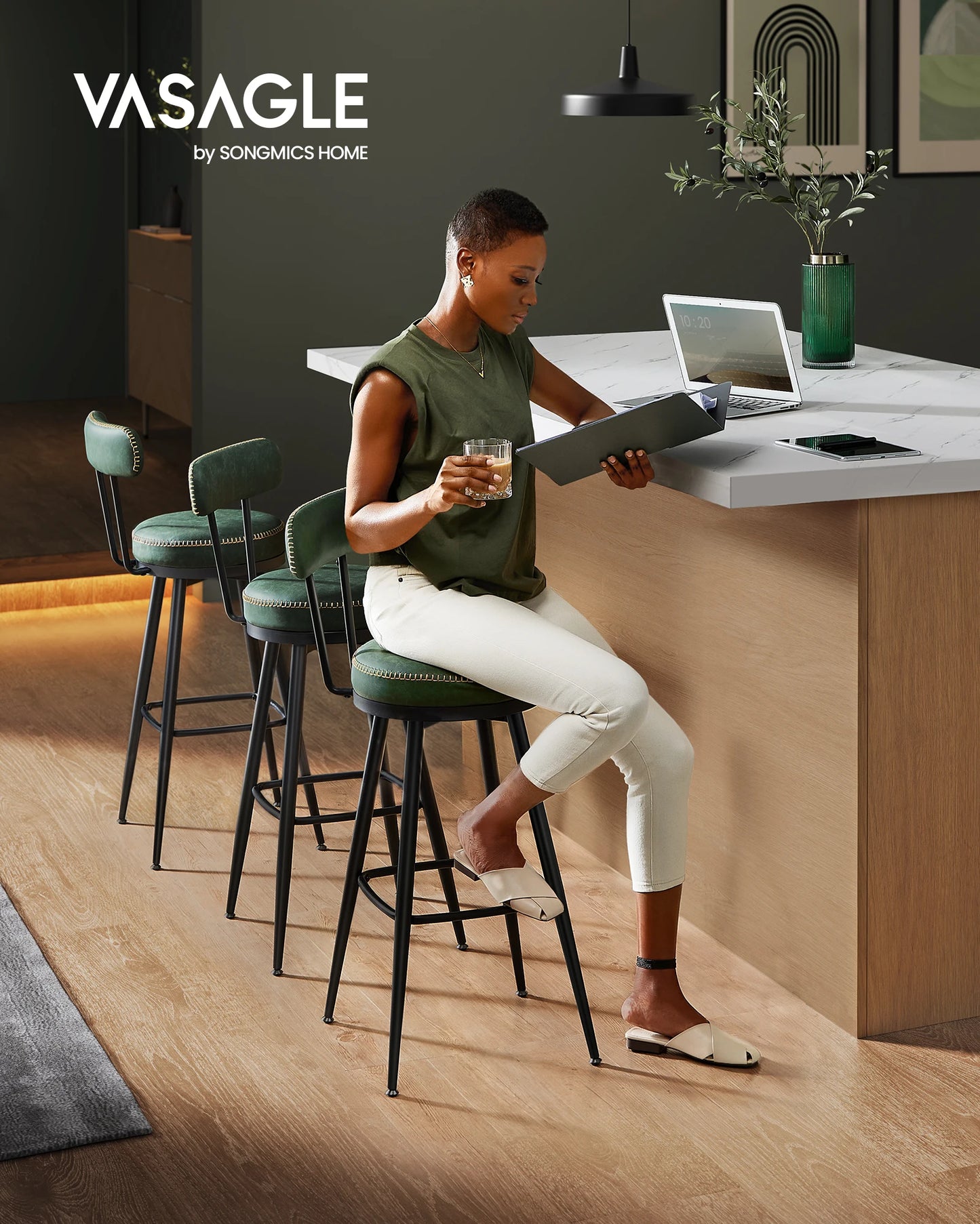 2 pcs VASAGLE Upholstered PU Leather Cushion Steel Frame Base Backless Bar Chairs/Colors-Green/Black/Brown
