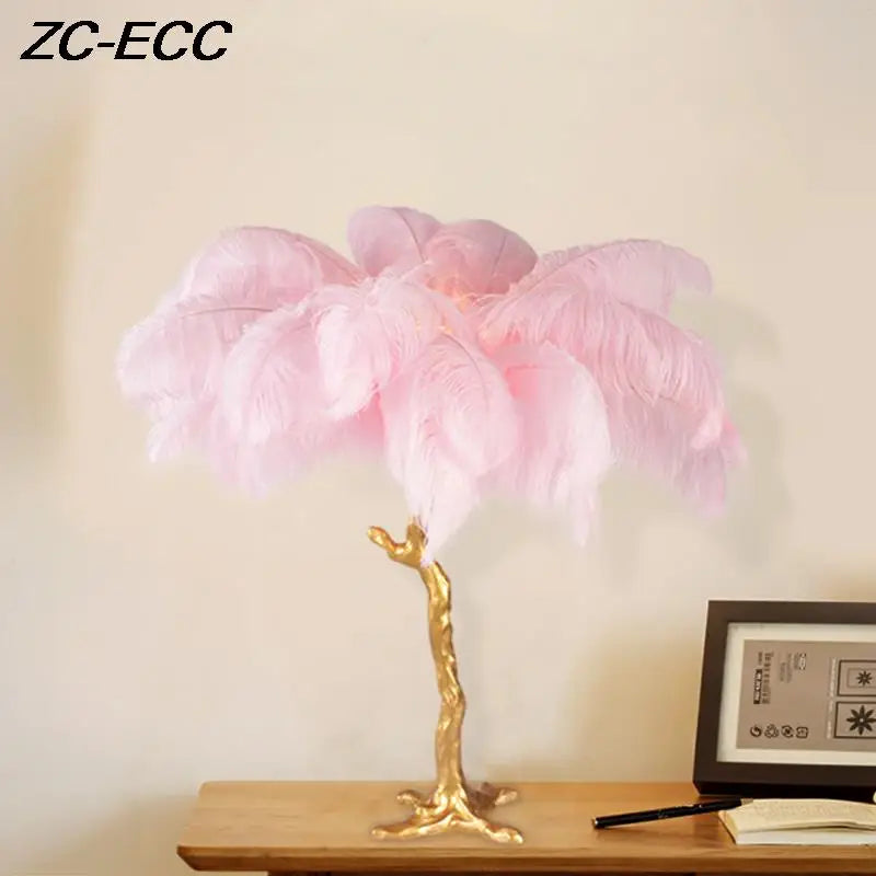 Modern Resin Gold Iron Tree-Like Trunk Base LED Ostrich Feather Up-Down Shade Standing Table Lamps/Colors-White/Pink/Blue/Orange/Black/Gold