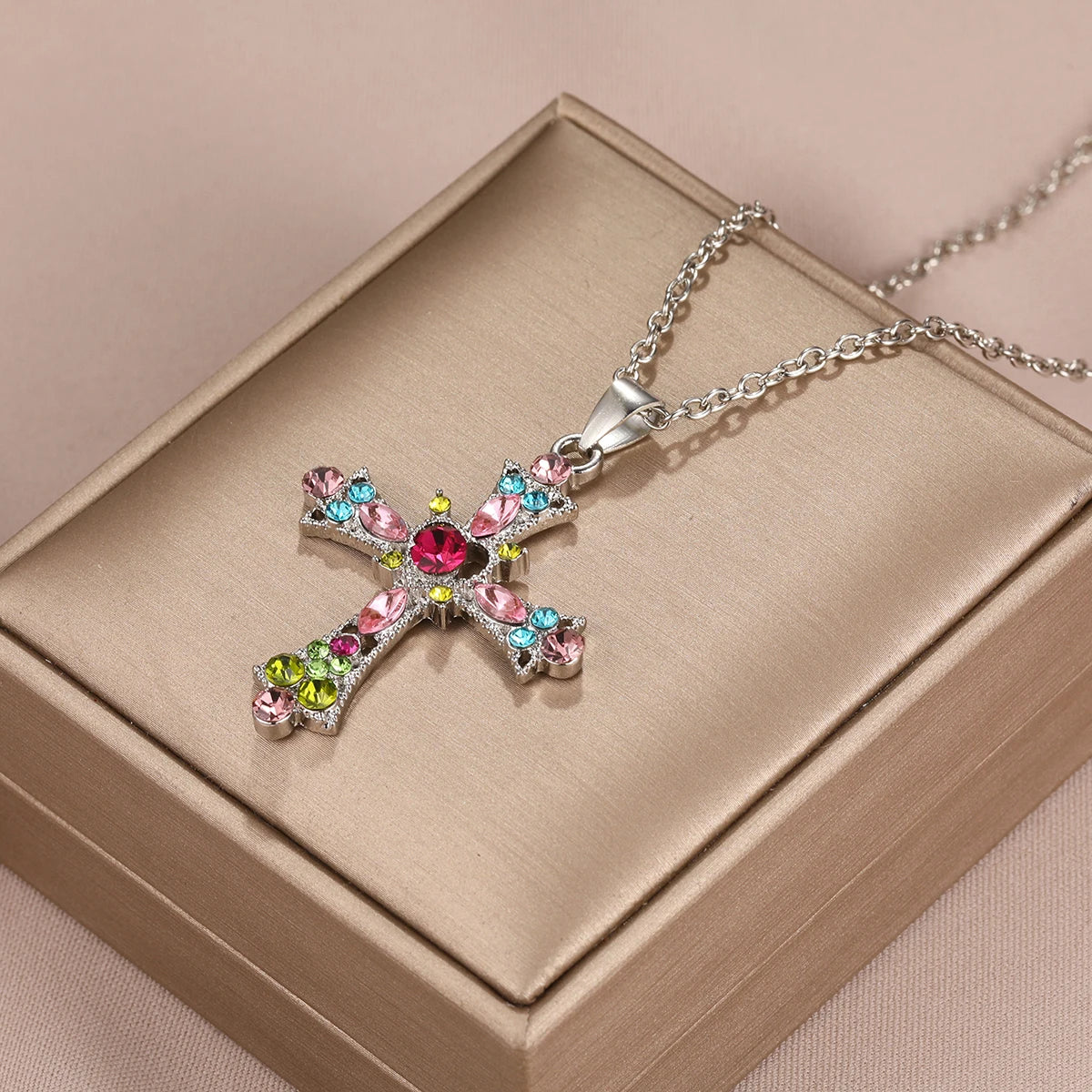 Women Imitation Cross Chain-Link Pendent Colorful Zircon Stone Necklaces/Colors-Multicolor/ Silver
