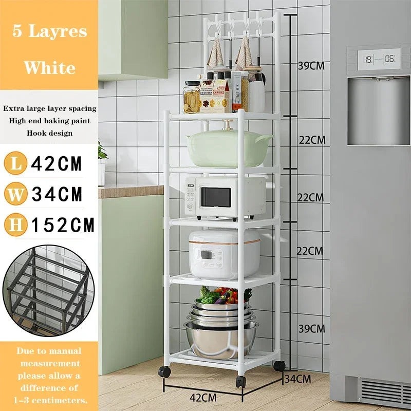 Kitchen Metal Storage Floor-Standing Rack w/ 4 Wheels/Colors-Black/White
