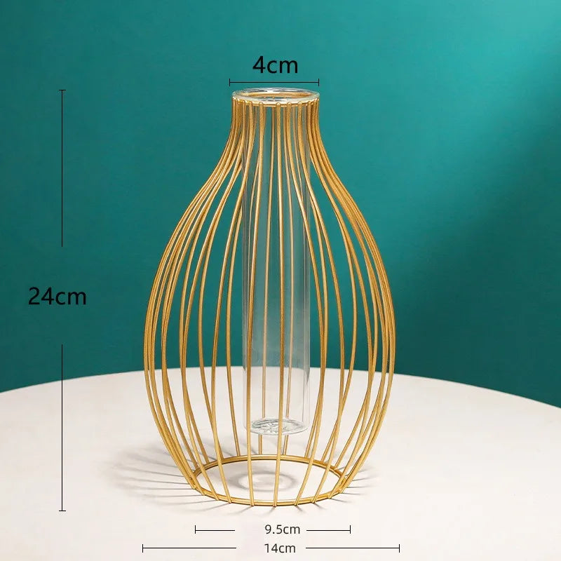 Nordic Glass Vase Inside Geometric Line Iron Metal Frame Vase/Colors-Black/Gold