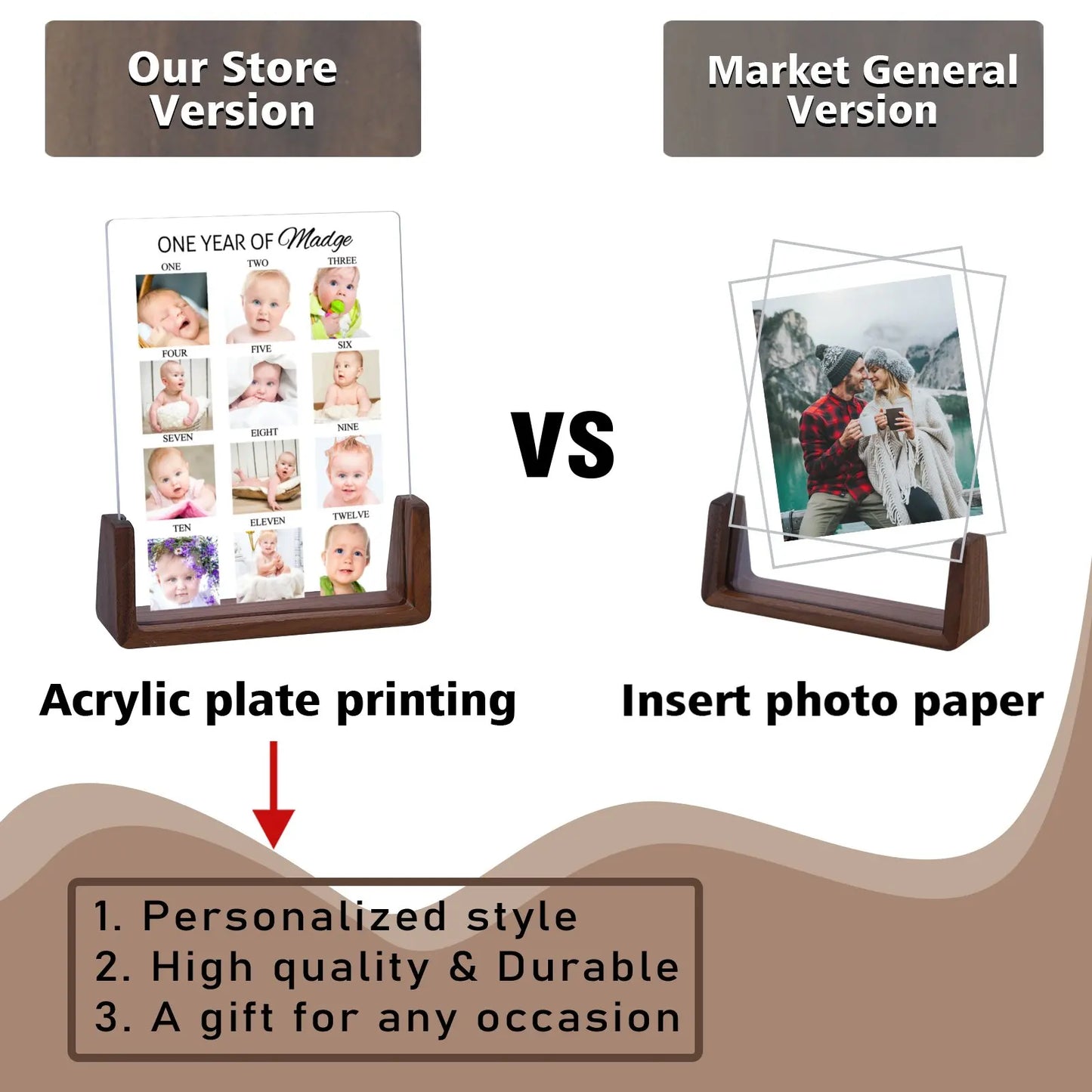 Customized Wood Base Clear Acrylic Plate Rectangle Newborn Babies First Year 12 Photo-Babies Name Display Frames/Colors-Brown/Beige/Clear