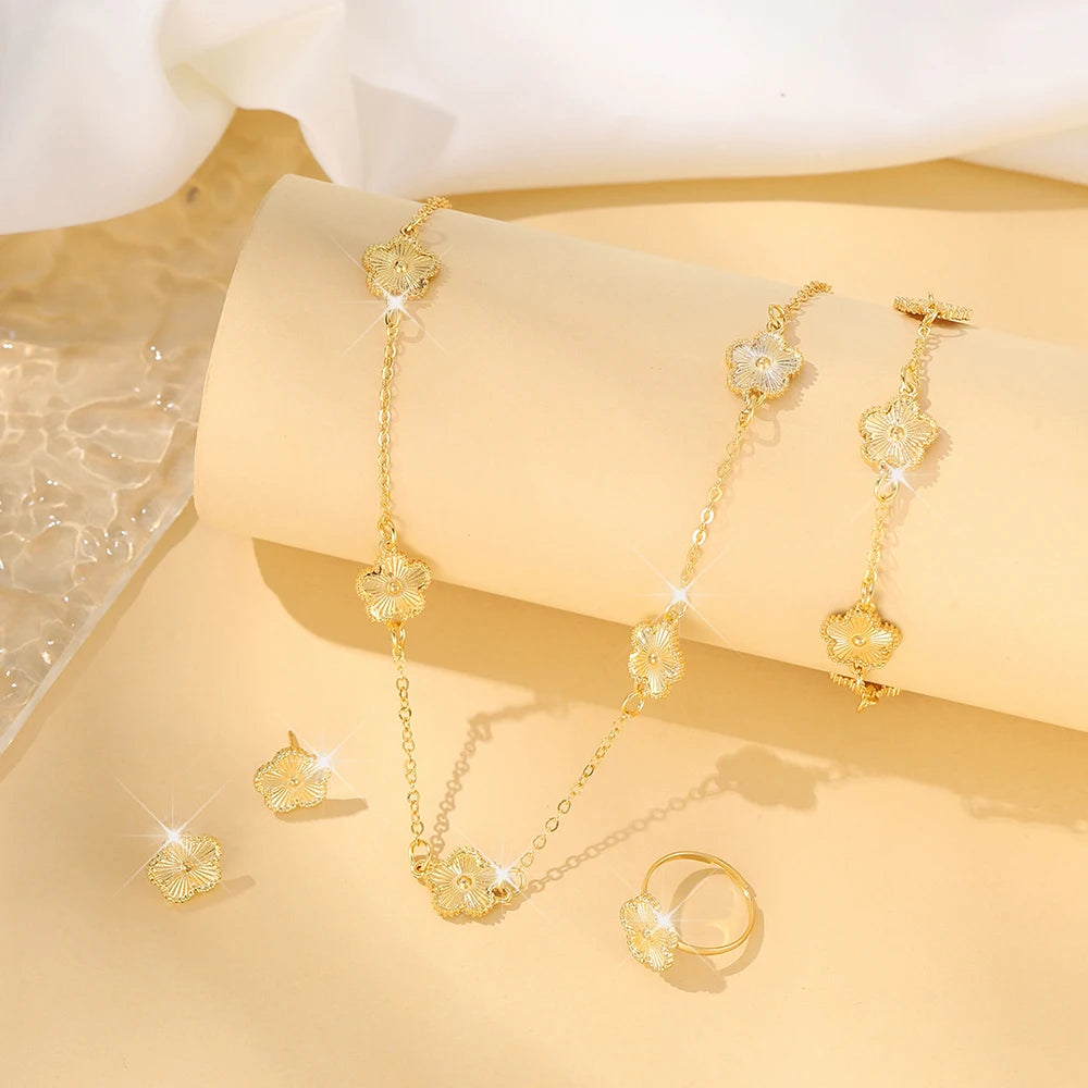 3PCS Set Imitation Zinc Alloy Lucky Five-Leaf Clover Jewelry Sets/Necklace-Bracelet-Earrings/Colors-Floral/Gold/Black/White/Silver