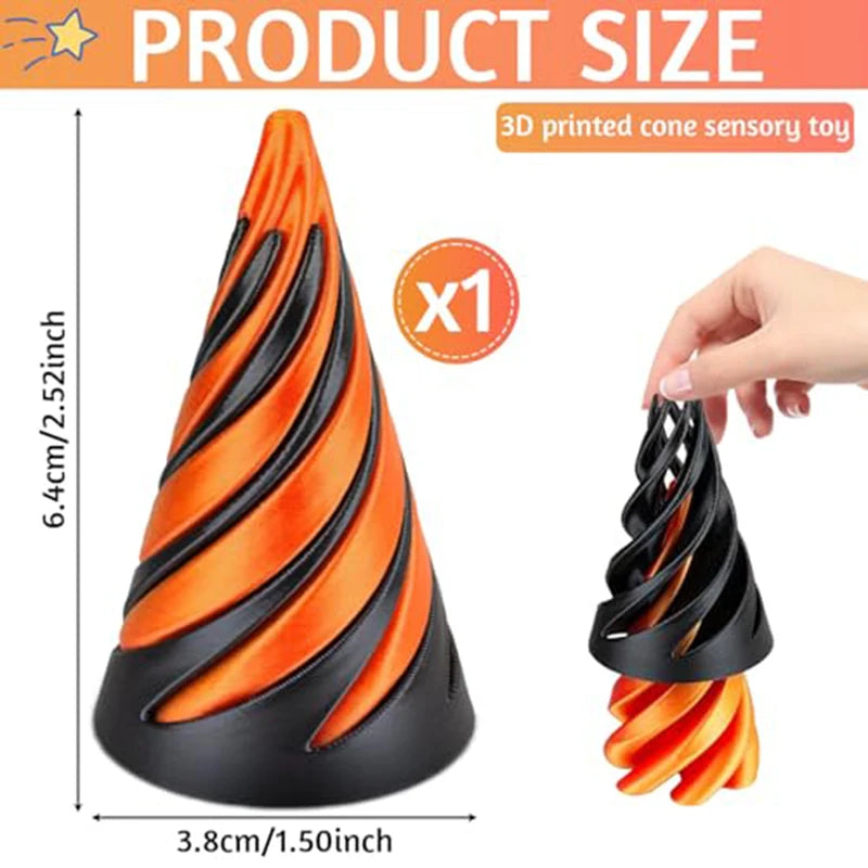 3D Printed Plastic Non-Toxic Spiral Cone-Shaped Sensory Fidget Toys/Ages: 13-18+ Years Old/Colors-Orange/Red/Black
