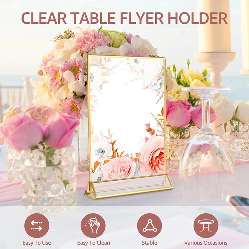 Indoor Gold Edge Color Rectangle Rounded Corner Transparent Clear Acrylic Tabletop Flyer Holder Display Stand Triangle Frame Base/2 Sizes: 4 x 6 Inches-5 x 7 Inches