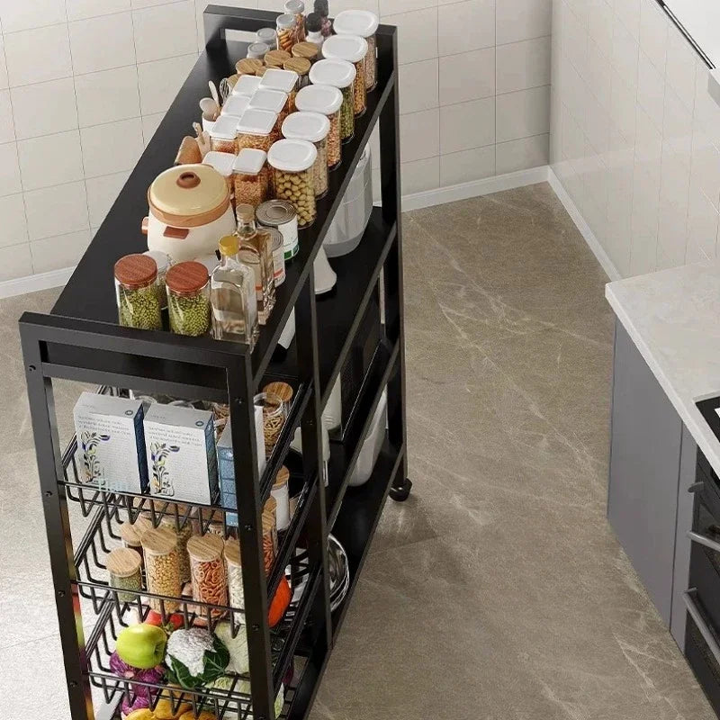 Kitchen Black-Brown Color Adjustable Height Pine Wood-Metal Storage Rack Movable Carts/360° Rotating Wheels