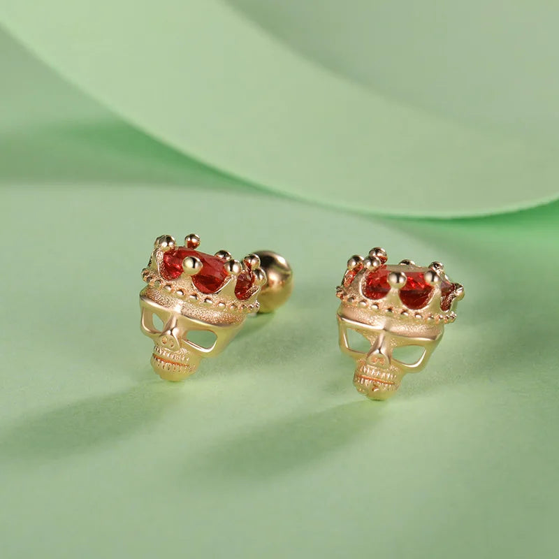 TrustDavis Real 925 Sterling Silver Man/Women Red Zircon Crown Skull Head Screw Stud Earrings for Girls Party Jewelry DF2028