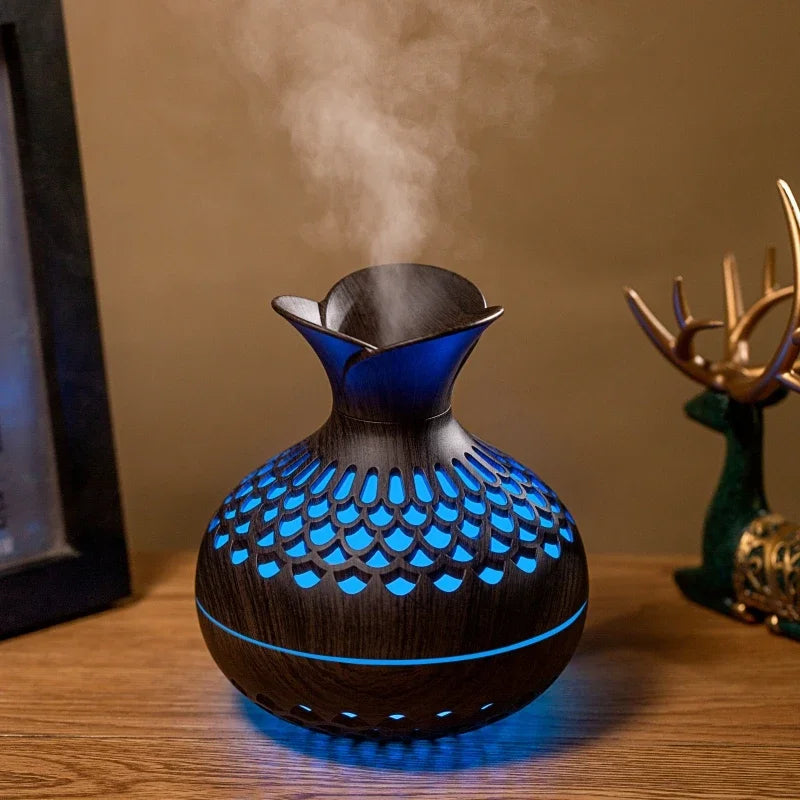 Warm Low Night Light Portable Tabletop 2 Spray Modes Wood Grain Air Delicate Water Mist-Heavy Fog Ultrasonic Oil Diffusers/Colors-Brown/Black