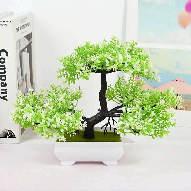 Artificial Small Bonsai Plastic Non-Flowering Plant-Rectangle Flower Pot/Colors-Floral/Green/Black/Pink