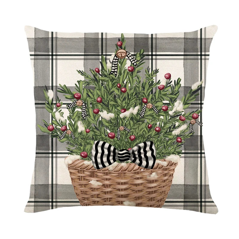4 PCS Set Christmas Linen Snowman-Elk-Yarn Mittens-Christmas Tree-Wreath Plaid Throw Pillows/Colors-White/Red/Gray/Plaid