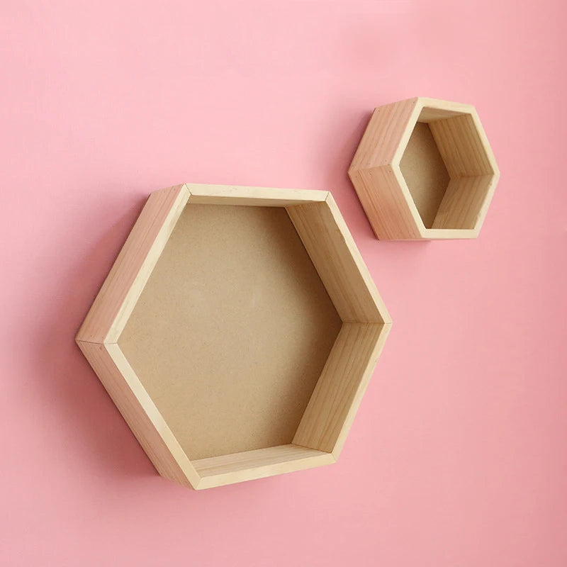 2 PCS Set Kids Wood Wall Mounted Hexagon Shaped Floating Shelves/Colors-Beige/Yellow/Pink/Green