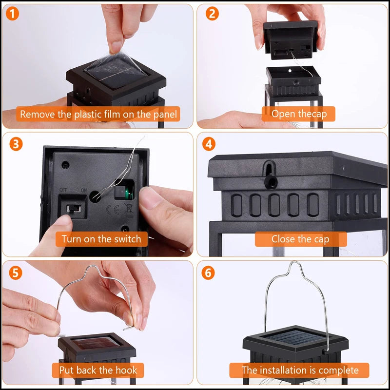 Outdoor SOLAR Warm Black Waterproof Plastic Square LED Lamp Beads Low Power Built-In Energy Storage Palace Lantern Lights/ 1 Handle/ 1 Clip