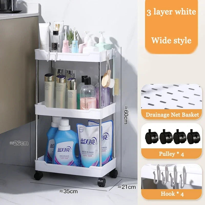 Kitchen Black-White 3-4 Tiers Shelves Non-Folding Slim Storage Plastic Carts/360 Rotation-4 Plastic Wheels/Colors/White, Black
