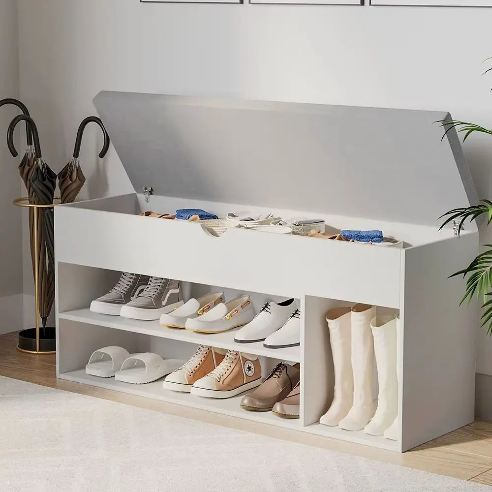 Anne-Fish Entryway 2-Tier Padded Cushion Seat Shoe Storage Bench w/2 Drawers/Colors-White/Brown