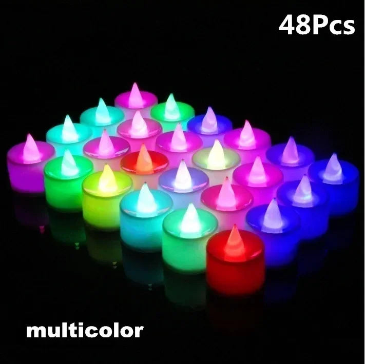 White 12-24-48 PCS Set Small Tealight Plastic Round Flameless LED Electronic Glowing Pillar Candles/Battery Included