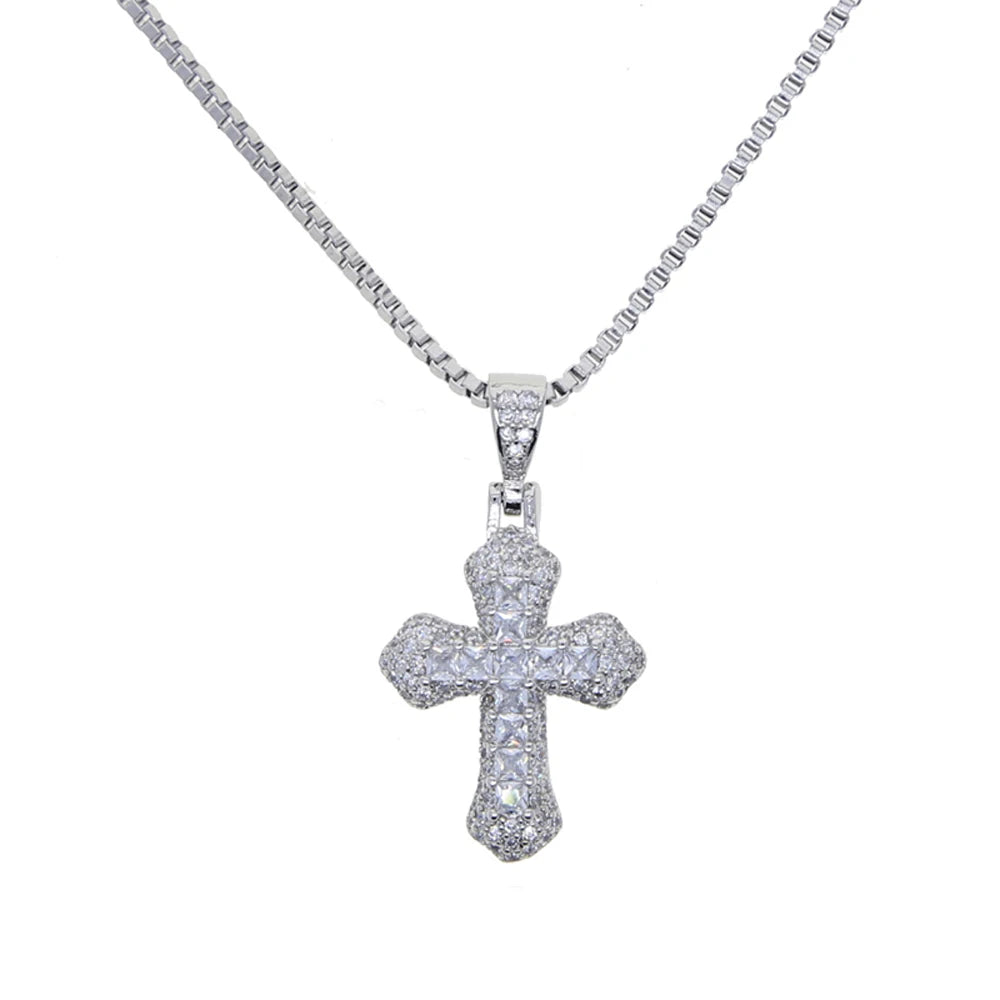 ATJMLADY Unisex Fine Imitation Silver-Plated Stainless Steel-Copper Metal Shiny Clear White-Multicolor Small Cross Pendant Box Link Chain Necklaces/Colors-Pink/Purple-Black/Multicolor/Sliver/Blue