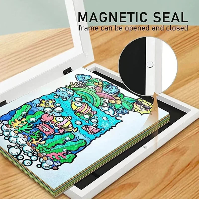 Kids Rectangle Wood Trim Frame Clear Acrylic Magnetic Suction Closure Display A4 Artwork Frames/Colors-Black/Brown/White/Beige/Blue/Elastic Band/Hook