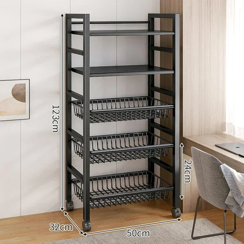 Kitchen Black-Brown Color Adjustable Height Pine Wood-Metal Storage Rack Movable Carts/360° Rotating Wheels