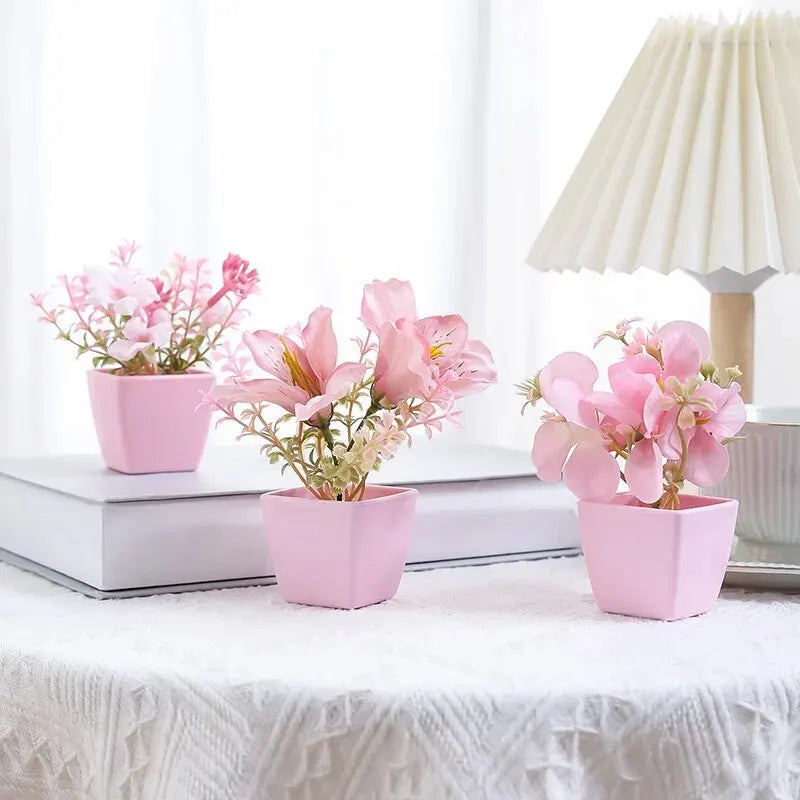 Indoor Pink Floral Artificial Hydrangea Bonsai Flower-Square Pot