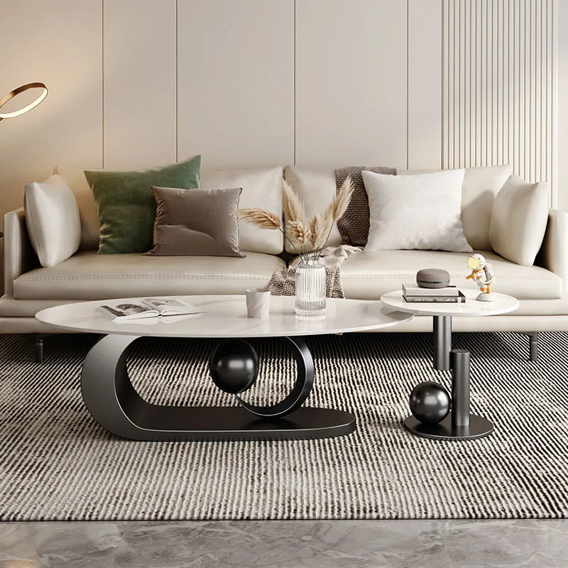 2 pcs Marble Topped Oval-Shaped Coffee Table Gold Colored Metal Base / Small Round Coffee Table Set/ Size: Oval Table 42cm H x 120/130cm W/ Size: Small Round 50cm W x 48cm H