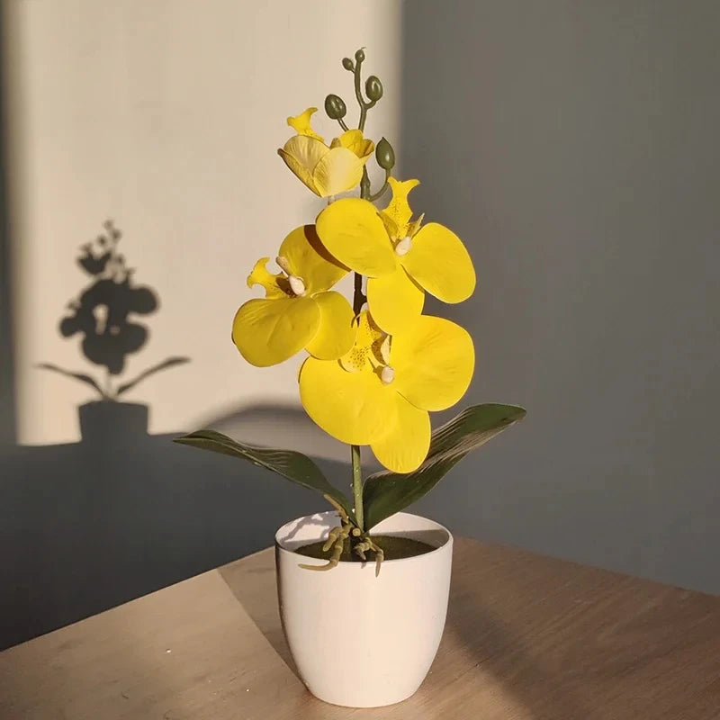 Indoor Desktop Floral Flowering Artificial Bonsai Butterfly Orchid Potted Plants /Colors-White/Yellow/Purple