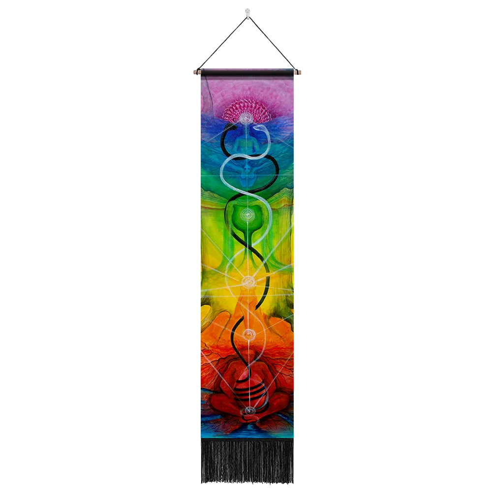 Unisex Rectangle Knitted Cotton-Polyester Blend Printed Soft Fabric 4 Colorful Geometric Chakras Themes Intricated Design Fringed Spiritual Meditation Wall Hanging Tapestries
