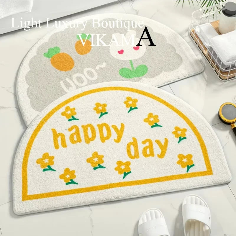 VIKAMA Indoor Hand-Machine Washable Half-Circle Anti-Slip Bottom Cute Cartoon Strawberry Imitation Cashmere Polyester Bathroom Mats / Colors-Pink/Animals/Floral/Dots/Brown/Yellow/Multicolor