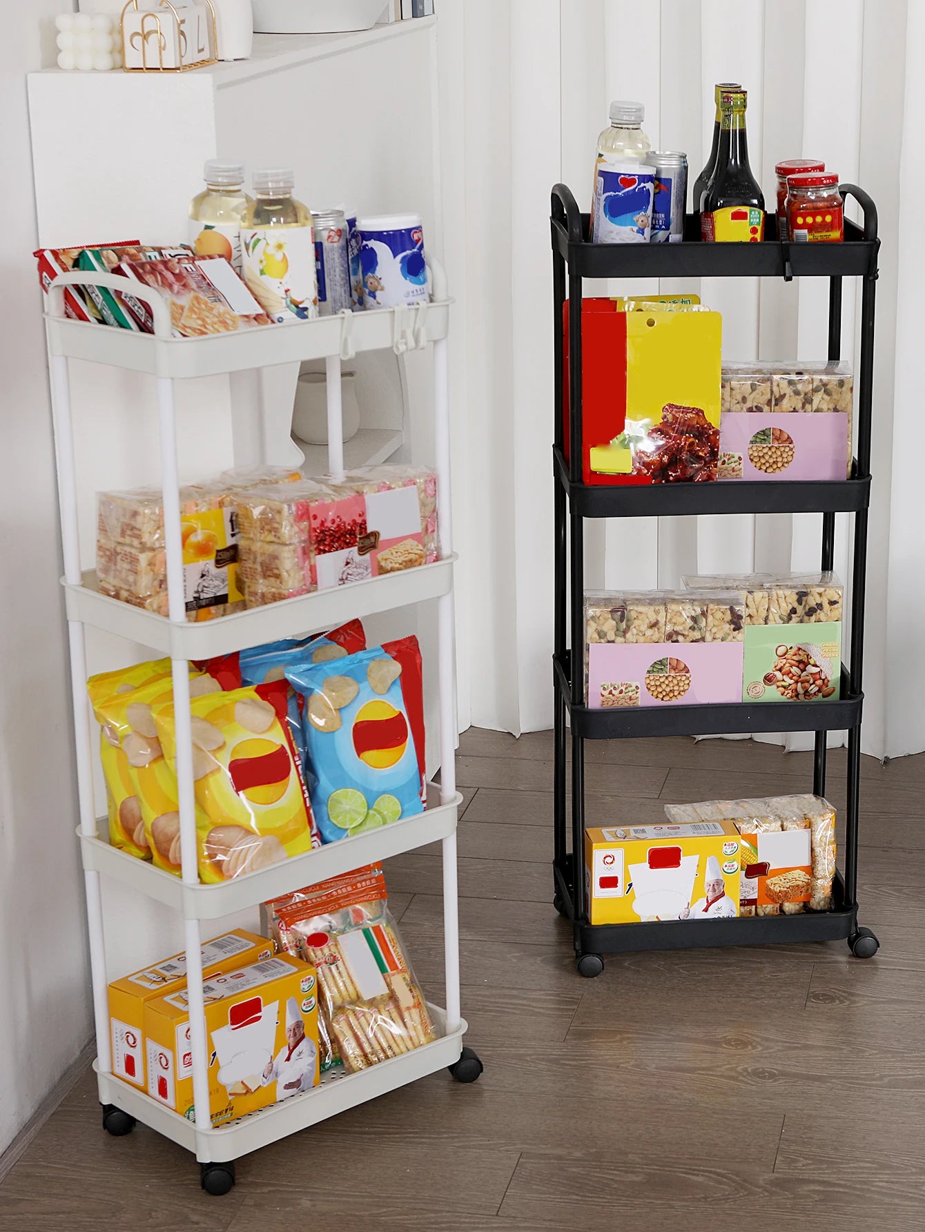 Kitchen 2 Handles Plastic 3-4 Tier Shelves White-Black Storage Utility Carts/ 360 Degrees Rotation/ 2 Easy Lockable Plastic Wheels