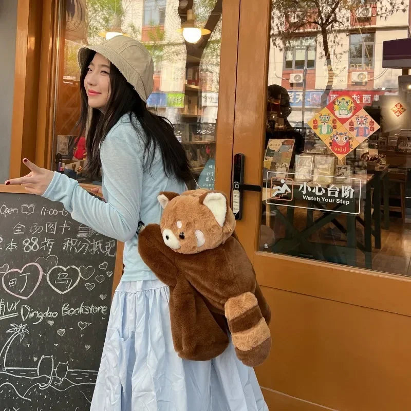 Cartoon Little Brown Raccoon Plush Curve Back Zipper Polyester Backpacks/Soft Straps-Handle/Colors-Animal