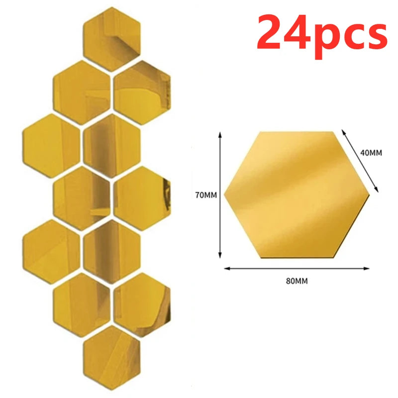 12/24Pcs 3D Hexagon Self Adhesive Removable Acrylic Wall Mirror Stickers/Colors-Silver/Red/Blue