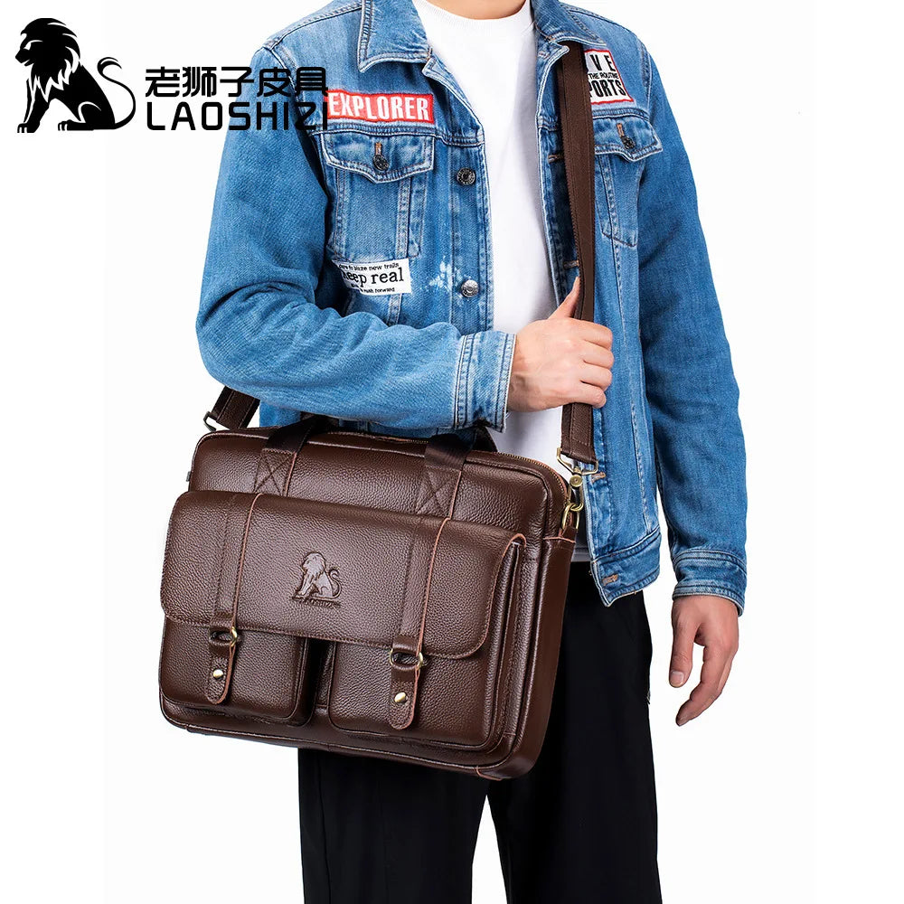 Men Flap Pocket Cow Leather Zipper Briefcase Polyester Bags/ Crossbody Shoulder Straps-Handles/Fits 14 Inch Laptop/IPAD 13.3 Inch Tablet/External Pockets/Built-In Compartments/Colors-Black/Brown