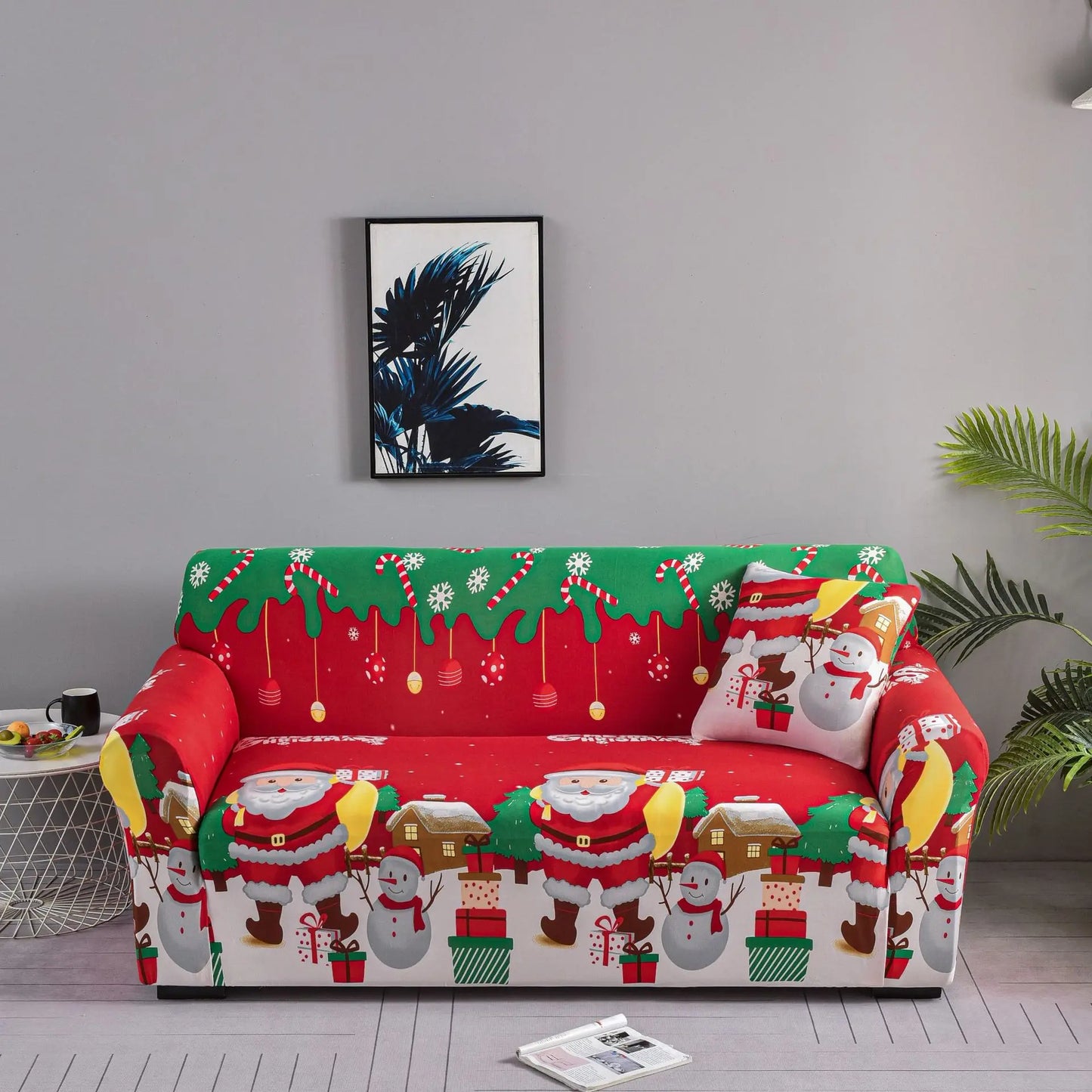 Christmas Theme Red-Green Polyester-Spandex 1-4 Seater L-Shape-Sectional Sofas Stretch Non-Slip Slipcovers