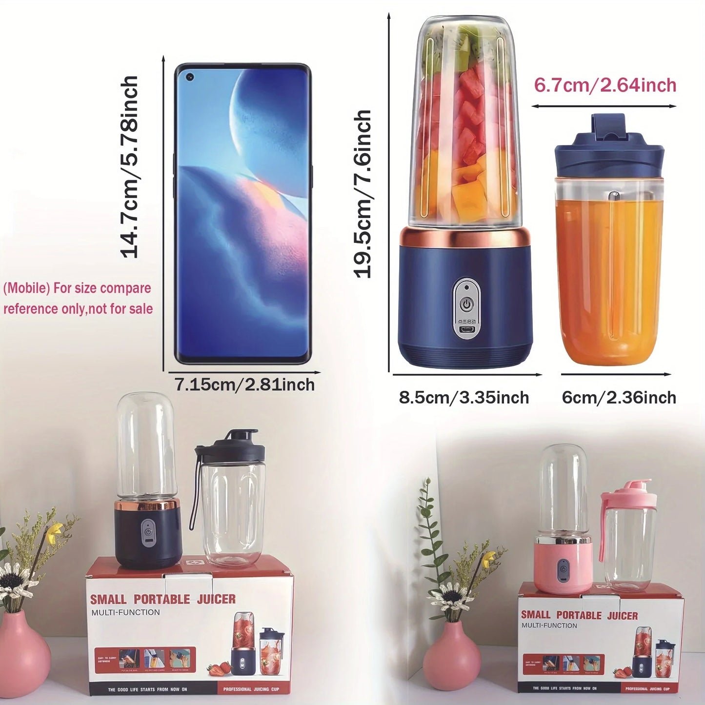 Built-In USB Portable 6 Blades Automatic Pulp Ejection Electric Juicers/ Double-Single Cups/Colors-Blue/Pink