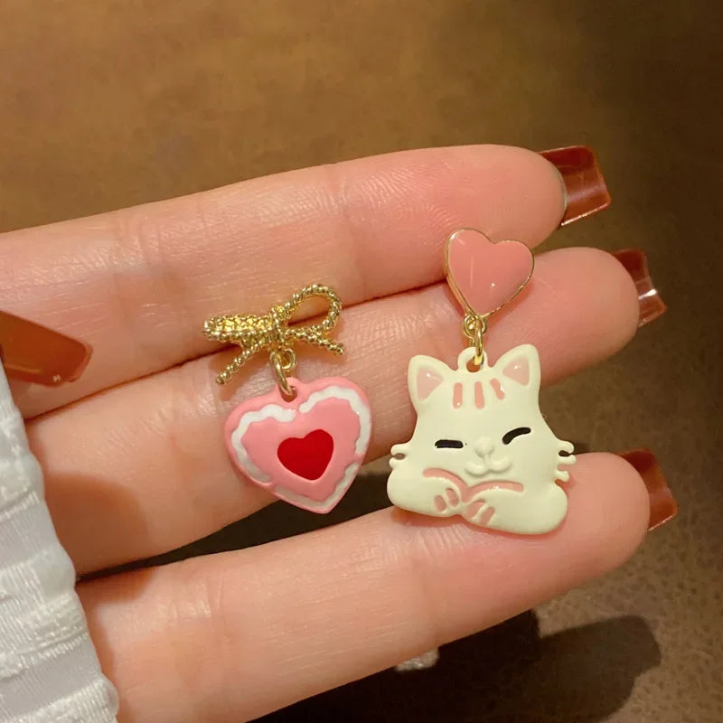 Women-Teen Girls Metal Long Tassel Asymmetrical Enamel Needle Cute Cartoon Cats Coffee-Teacup Dangle Drop Fine Imitation Earrings/Colors-Green/Multicolor/Geometric/Animals