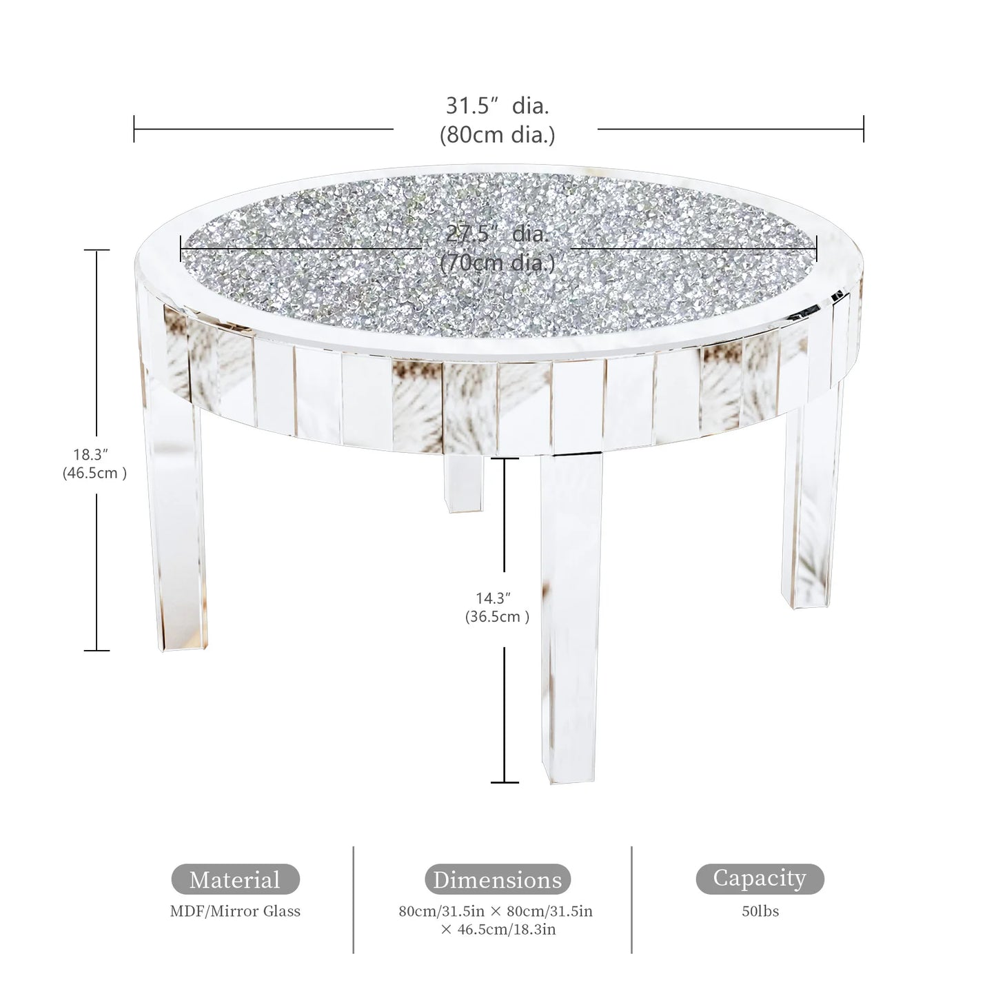 Wisfor Silver Round Copper-Free Mirrored Flat Glass Diamond Inlay Top MDF Board Coffee Tables/Net Weight: 19.95kg/ 43.98 lbs/Weight Capacity: 50kg/ 110.23 lbs/Dimension: L x H 80x46.5cm/ 31.5x18.3 inch